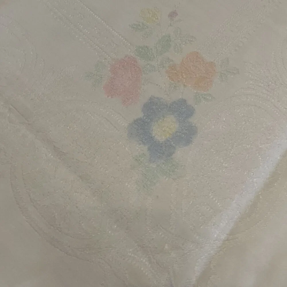 Vintage White Damask w/ Pink Blue Peach Green Floral Tablecloth 51”x47” Cottage